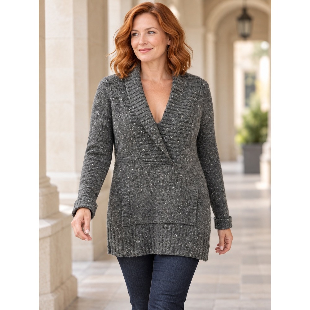 Free People Charcoal Grey Wool Blend Marled Shawl Collar Tunic Sweater Medium